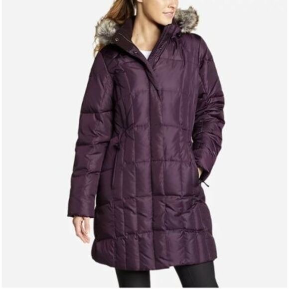 Eddie Bauer Lodge purple down coat faux fur size XS (hood can be removed) - Picture 1 of 4